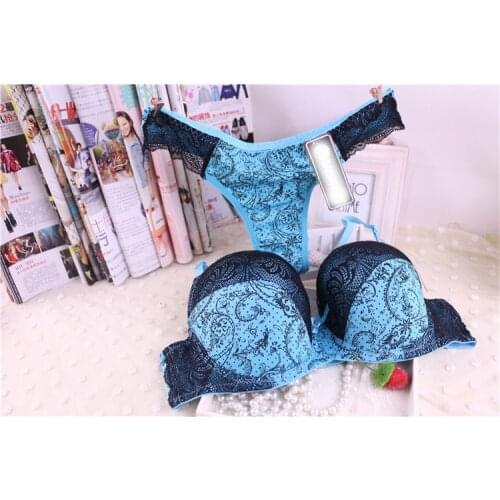 TOP C D DD E F Cup big Size 70-90 Intimate Push up Bra Brand Women Lace cotton Bra Set Sexy Lingerie Blue Print bh Set B3