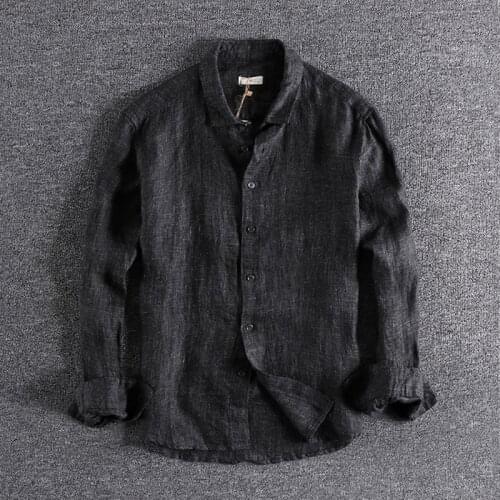 Men Linen Yarn-Dyed Shirt Japan Style Retro Distressed Long Sleeve Solid Color Dark Grey Gentlemen Loose All-Match Washing Tops