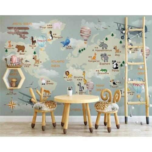 Custom mural wallpaper hand-painted childrens Cartoon map hot air balloon animal airplane background wall decoration wallpaper