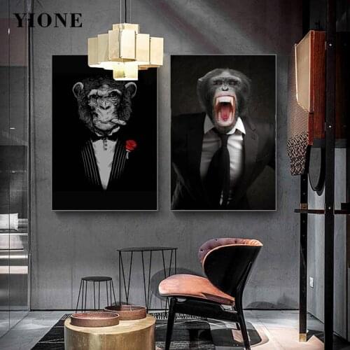 Gangster Chimpanzee Smoking Man Wall Art Poster Modern Abstract Black and White Animal Canvas Picture Prints Decoration Painting