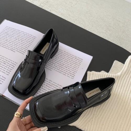 Womens Loafers Shoes Oxfords Square Toe Shallow Mouth Clogs Platform Patent Leather Ballet Flats Casual Female Sneakers British