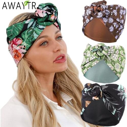 AWAYTR New Floral Elastic Bandana Headbands Knotted Fashion Tie Metal Scarf Hairbands Headpieces for Women Hair Accessories Boho