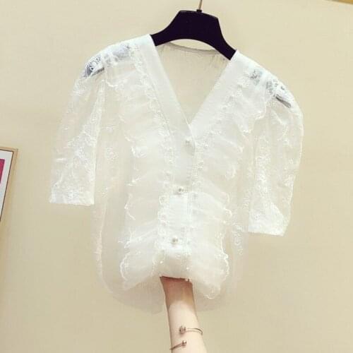 White Lace Shirt Woman 2020 Summer New Temperament Lace Ruffled Beaded V-neck Short-Sleeveblouse Blusas Mujer De Moda 2020
