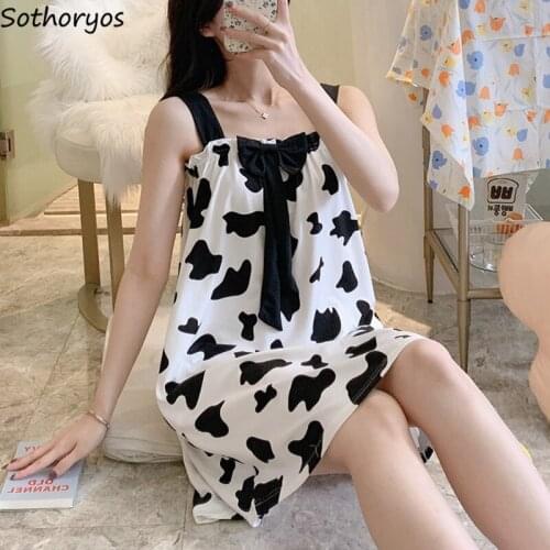 Women Kawaii Nightgowns Bow Printed Cozy Spaghetti Strap Summer Thin Breathable Sleepshirts Trendy Females Lounge Teenagers Hot