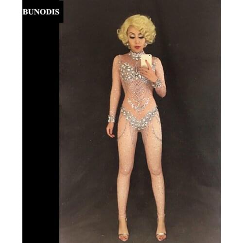 ZD06603 Diamonds Women Sexy Jumpsuit Simple Version Material Spandex Sparkling Crystals Bodysuit Stage Wear Costume