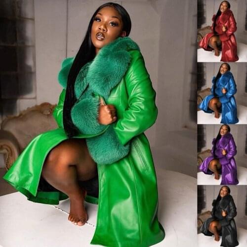 Winter Thick Warm Solid Color Lapel Long Splicing Big Fur Collar Temperament Commuter Zipper Coat PU Leather Loose Outwear