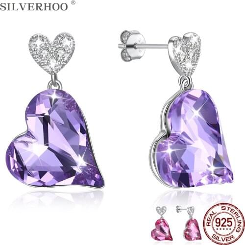 SILVERHOO 925 Sterling Silve Earrings Romantic Heart Austria Crystal Stud Earrings Anniversary Simple Fine Jewelry New Arrival