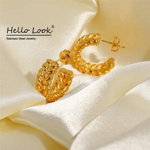HelloLook Trendy C Shape Earrings for Women 18K Gold Stainless Steel Wheat Hoop Earring Vintage Ear Jewelry New Design