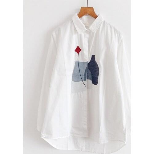 Cotton 100% White Women Shirts Summer New 2021 Printed Turn-Down Collar Long-Sleeved Casual Female Outwear Coats Tops