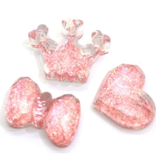 Pink Color Kawaii Glitter Resin Crown Bow Heart Flatback Cabochon DIY Hair Clip Scrapbook Accesssories