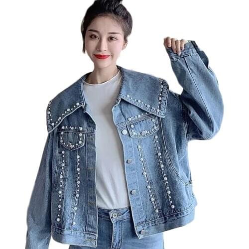 New Spring Fashion Beaded Denim Jacket Loose Denim Short Outerwear Womens Long-Sleeve Single-breasted Casual Bomber Coat Trend