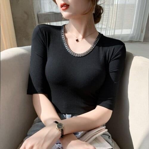 Fashion Summer New Tight Half sleeve T-shirt Korean Women T-shirt O collar Slim All-Match black Tops