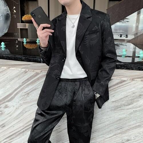 2021 Mens Embroidery Two Piece Suit Korean Casual Formal Single-breasted Suit Male Clothing Belted Elastic Waist Blazers Pants