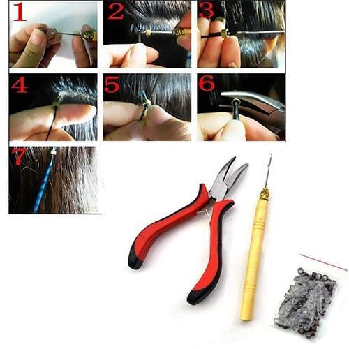 Feather Hair Extension Tool Kit Pliers + Hook + 100Pcs Micro Silicone Link Beads