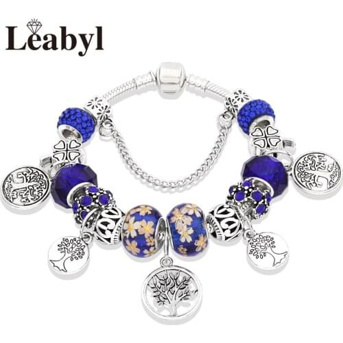 New Elegant Dark Blue Flower Crystal Bead Bracelets & Bangles Silver Color DIY Tree Heart Charm Bracelet for Men Child Best Gift