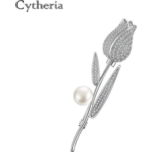 New trendy simulated pearl crystal rhinestone tulip pins brooches for women jewelry accessories dress party gifts