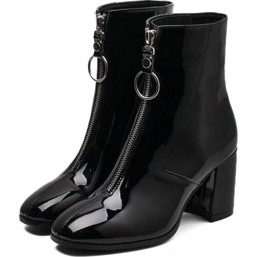 Brand Zipper Boots Woman Front Big Zipper Open Botas Mid-Calf Botines Winter Thick High Heels Patent Leather Booties 97