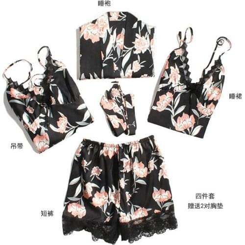 Sexy Black Home Wear M-XL Pajamas Women 5PC Strap Top Pants Suit Sleepwear Sets Kimono Bath Robe Gown Bathrobe
