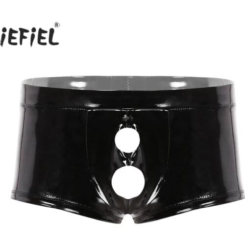 Sexy Lingerie Mens Shiny Boxer Briefs Shorts Sissy Panties Wetlook Patent Leather Open Front Penis Hole Crotchless Gay Underwear