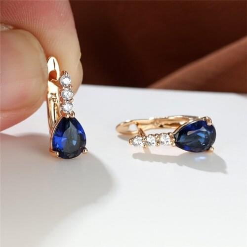 Blue Crystal Water Drop Stone Earrings Charm Gold Color Bridal Wedding Earrings Dainty Multicolor Zircon Hoop Earrings For Women
