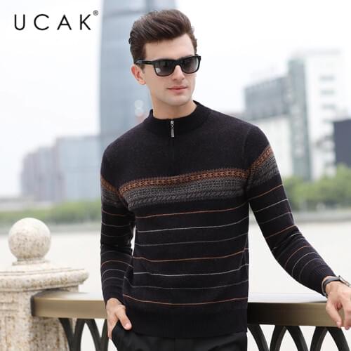 UCAK Zipper O-Neck Pure Merino Wool Sweater Men Clothing Winter New Arrivl Streetwear Pullover Men Clothes Pull Homme U3229
