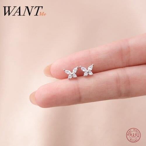 WANTME 925 Sterling Silver Korean White Zircon Romantic Butterfly Stud Earrings for Women Sweet Jewelry Boucle Oreille Femme