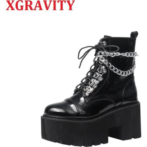 XGRAVITY S119 New Ladies Fashion Boots Chain Decoration Women Punk Boots Motorbike Boots Motorcycle Riding Footwear Female Shoes