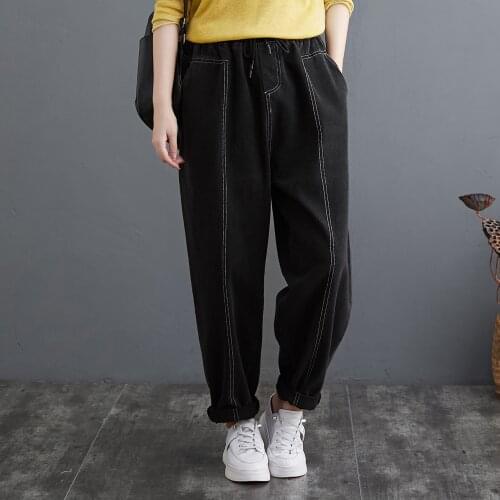 Spring Autumn Women Denim Pants With Pockets Elastic Waist Loose Pants Trousers Plus Size Vintage Casual Pans