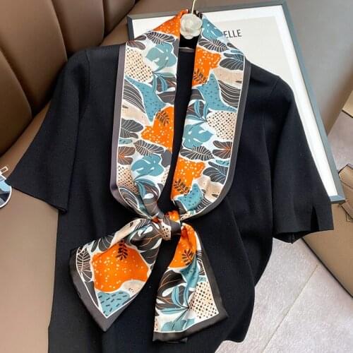New fashion aesthetic flower picture long silk scarf female multi-function decorative scarf headband tie wrist strap bag belt