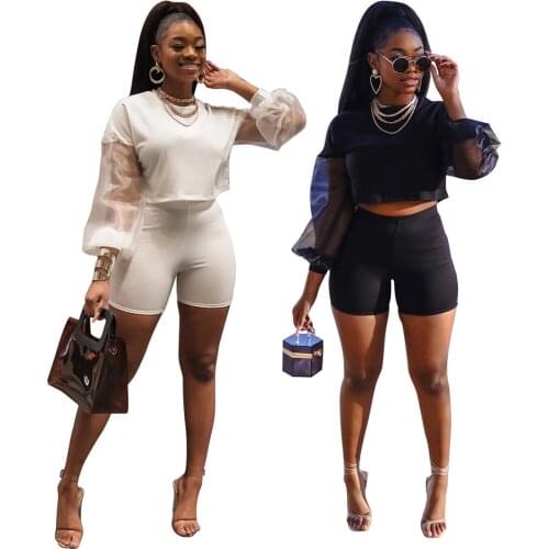 Sexy Patchwork Mesh Long Sleeve Shorts Set Women 2 Pieces Sets O Neck Crop Top and Mini Shorts Summer Clothing 2021 Streetwear