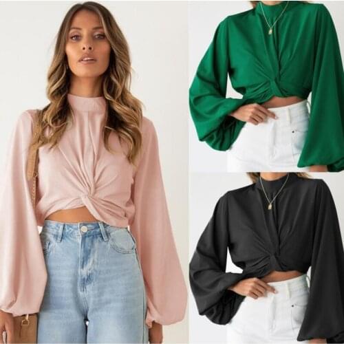 Fashion Womens Long Sleeve Green Leisure 2021 Spring And Autumn New Product Sexy Open Belly Solid Color Lantern Sleeve Kink Top