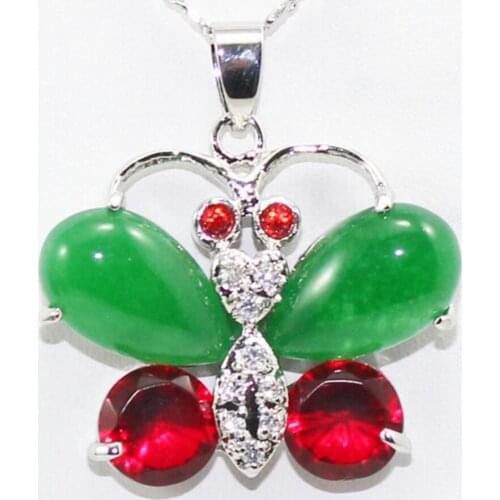 Womens fashion silver plated butterfly Accessories + Green Malay jade + Red Zircon Pendant Necklace