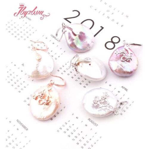 17-19mm Coin Cultured Keshi Edsion Freshwater Pearl Natural Stone Beads Silver Plates Earrings Woman Gift 1 Pair,Free Shipping