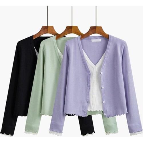2021 Spring Autumn Thin Women Cardigan V-neck Long sleeve Fake two Knitted Sweater Jacket Fashion Knit Cardigans Short Coat Top