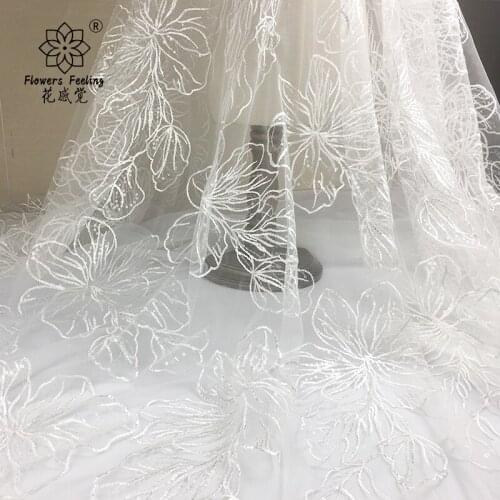 White flowers hollow Net yarn fabric Sequin Floral Leaf embroidery lace mesh fabric wedding dress skirt cloth DIY garment