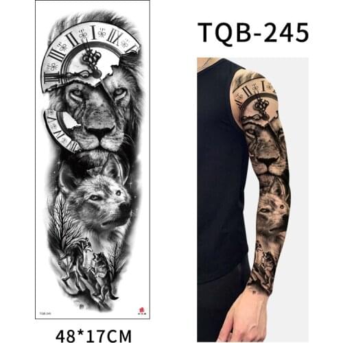 Large Arm Sleeve Tattoo Lion King Wolf Waterproof Temporary Tatto Sticker Clock Tiger Skeleton Body Art Full Fake Tato Men Women