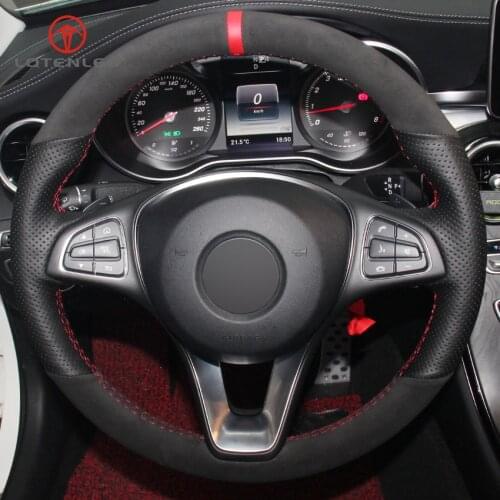 LQTENLEO Black Genuine Leather Suede Steering Wheel Cover for Mercedes Benz C180 C200 C300 B200 E200 E300 CLS300 GLC260 GLC300