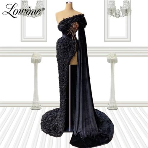 Black Evening Dresses 2021 One Shoulder Beading Long African Party Gowns With High Split Side Custom Made Vestidos De Fiesta