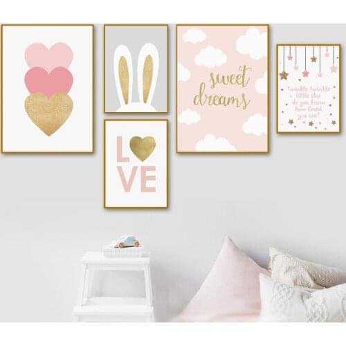 Baby Nursery Blush Pink Canvas Painting Posters Prints Wall Art Pictures Girl Nordic Gold Heart Love Room Home Decoration