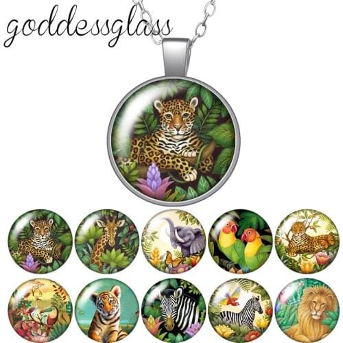 Wild Animals Tiger leopard Lion Elephant Round Glass glass cabochon silver plated/Crystal pendant necklace jewelry for Gift