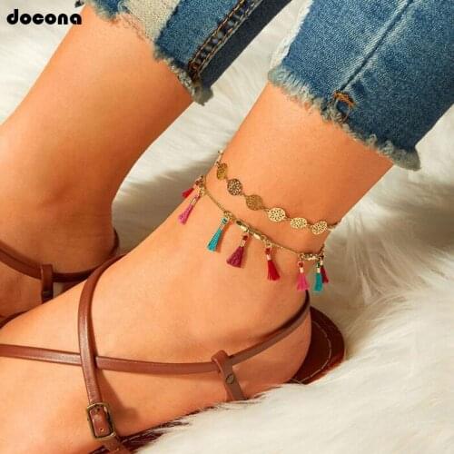 Docona 2pcs/set Bohemian Colorful Tassel Anklets for Women Charms Hollow Geometry Flowers Adjustable Foot Chains Jewelry 3941