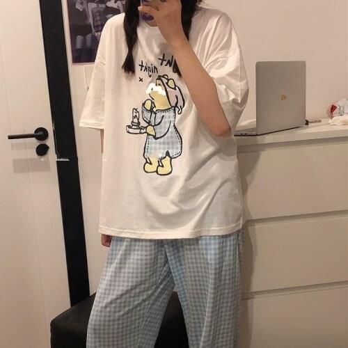Plaid Pijama Women Korean Sleepwear Funny Bear Print Pajamas for Girls Summer 2021 Pyjamas Set 2 Piece Short Sleeve Loungewear