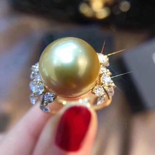 Fine Jewelry 18K Yellow Gold Natural Ocean Golden Peals 13-14mm Rings for Women Fine Pearls Rings