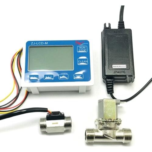 Quantitative Controller ZJ-LCD-M Meter+1/2Inch Flow Sensor + Valve for Water Liquid Measurement EU Plug