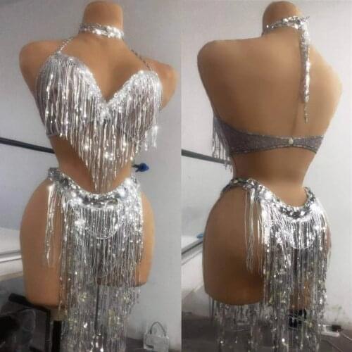 Sexy Silver Sequins Tassel Bikini Sets Women Halter Fringes Bra + Shorts Party Costumes Nightclub Pole Dance Stage Outfit Sets
