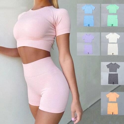 2021 Seamless Yoga Set 2Pcs Sport Crop Top Summer Cloth for Women T-Shirt+Shorts Push Up Fitness Workout Gym Suit with Shorts