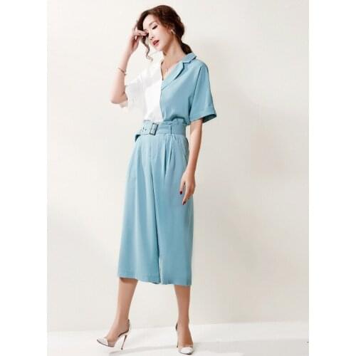 2020 2 Piece Sets Womens Outfits Summer Wide Leg Pant Elastic Waist Fashion 2 Peice Set V-Neck Suits Elegant Korean Sets AA5467