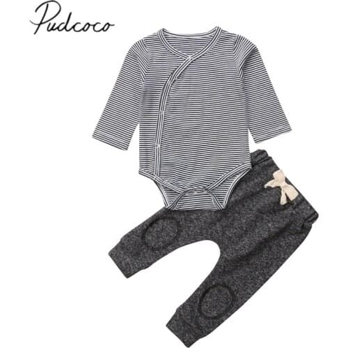 2018 Brand New Newborn Infant Baby Boys Girls Autumn Warm Clothes Sets 2PCS Striped Long Sleeve Romper Tops+Grey Patchwork Pants