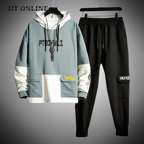 2 Pieces Sets Men Tracksuit Jogging Fashion Patchwork Hoodies+Pants Male Harajuku Set Gym Fitness Sportswear Suit Brand Clothing