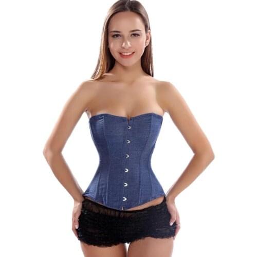 Cowboy Corsets Top Bustiers Overbust Denim Sexy Costume Corset Corselet Brocade Gothic Style Plus Size Korsett Women